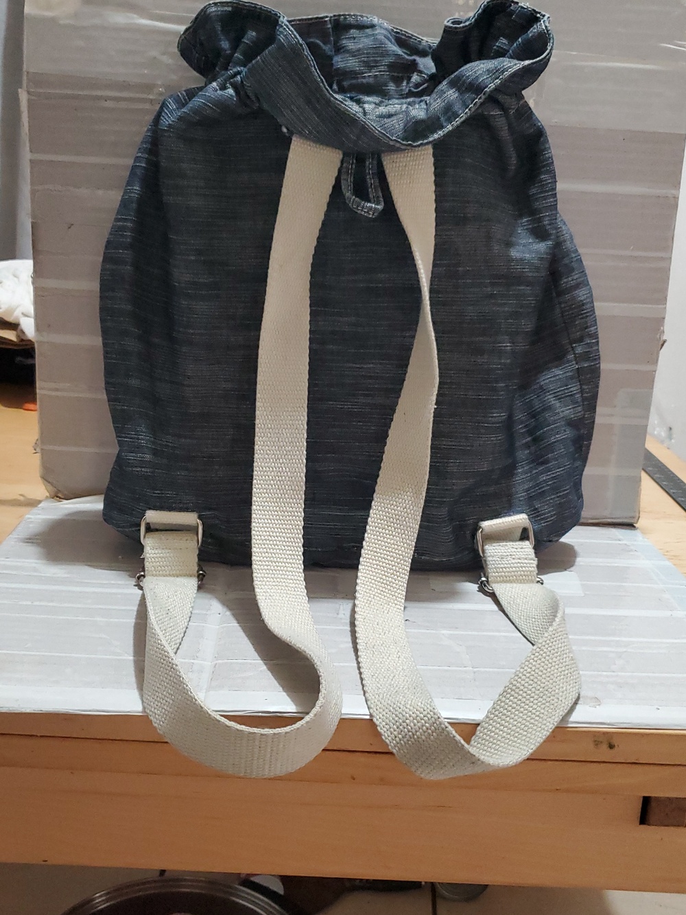 Denim-Look Drawstring Backpack with Cream Strap Details - Picture 7 of 12
